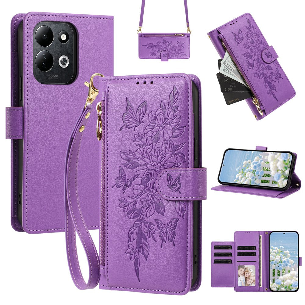For Xiaomi Redmi 17 4G / 17 5G Case PU Leather Butterfly Floral Zippered Wallet Phone Cover with Wrist Strap / Shoulder Strap