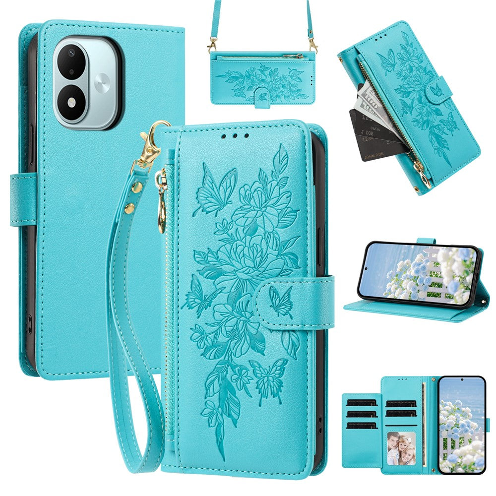 Xiaomi Redmi Note 17 4G (Global) / Note 17 5G (Global) / Note 17 (Indien/Kina) 5G-cover i PU-læder med sommerfugle- og blomstermønster, lynlås, tegnebogsfunktion samt håndledsrem/skulderrem