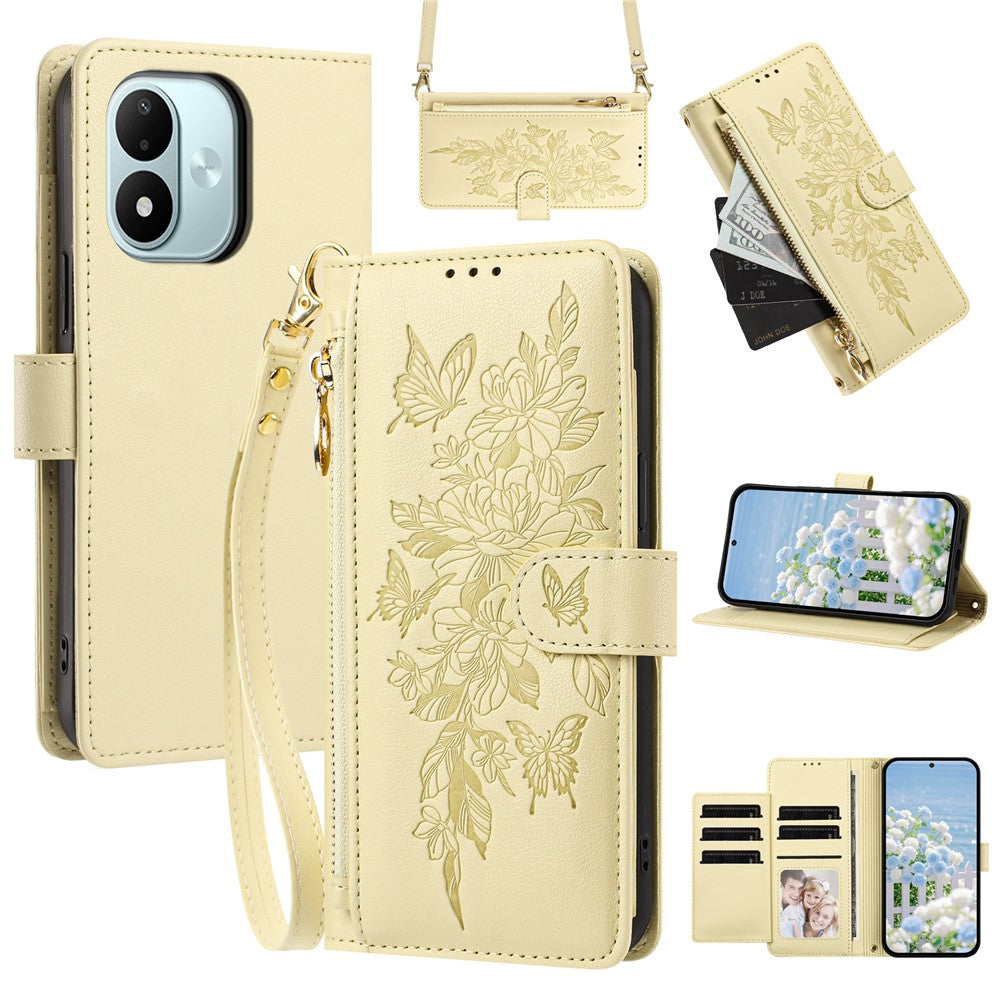 For Xiaomi Redmi Note 17 4G (Global) / Note 17 5G (Global) / Note 17 (India / China) 5G Case PU Leather Butterfly Floral Zippered Wallet Phone Cover with Wrist Strap / Shoulder Strap