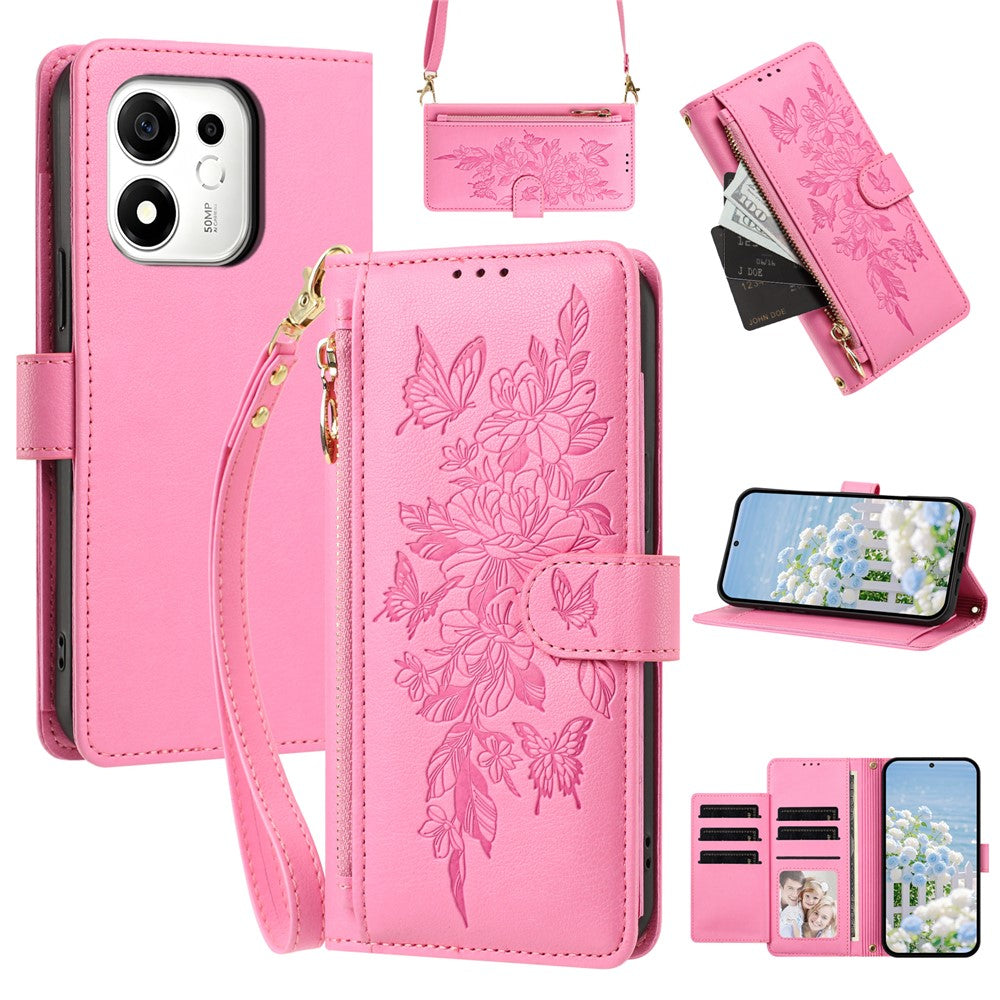 For Honor 600 Smart 5G / X7e Plus 5G Case PU Leather Butterfly Floral Zippered Wallet Phone Cover with Wrist Strap / Shoulder Strap