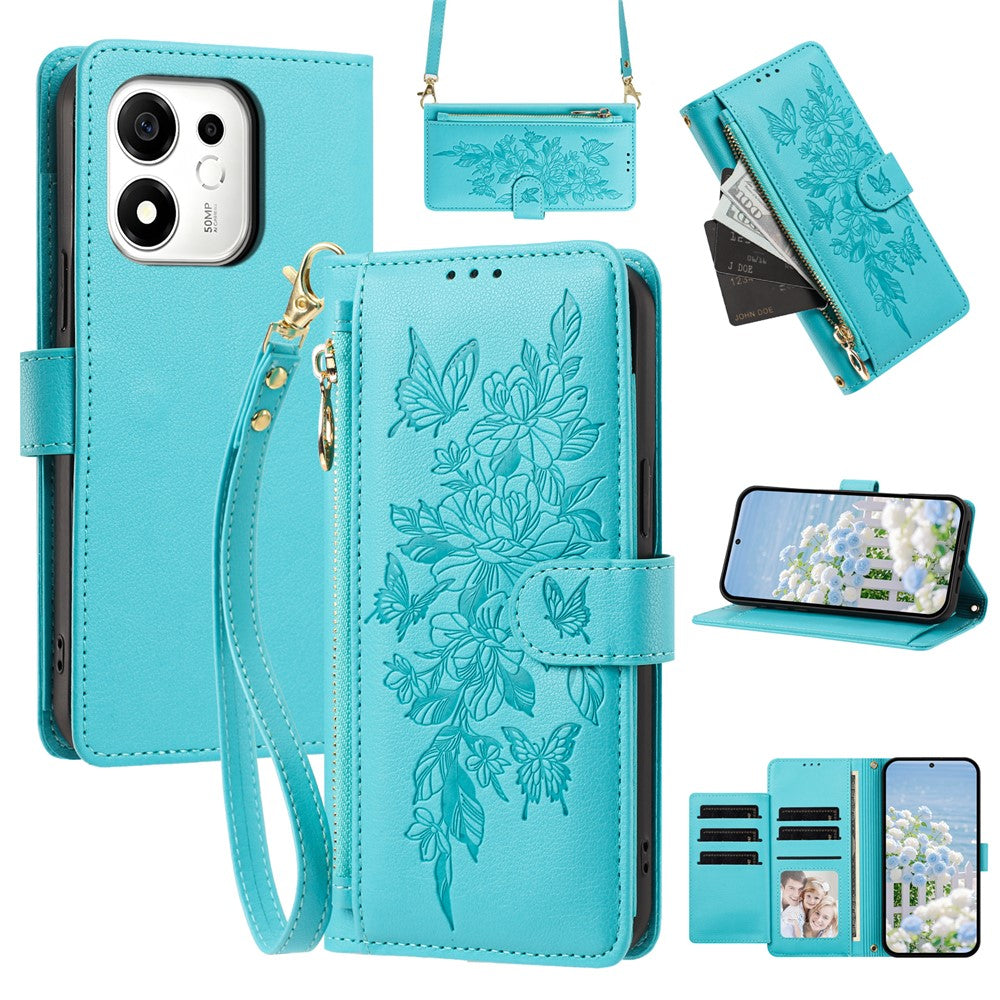 For Honor 600 Smart 5G / X7e Plus 5G Case PU Leather Butterfly Floral Zippered Wallet Phone Cover with Wrist Strap / Shoulder Strap