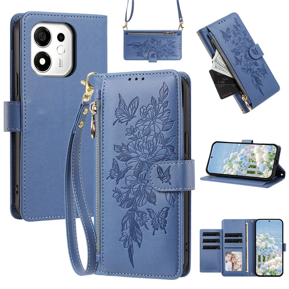 For Honor 600 Smart 5G / X7e Plus 5G Case PU Leather Butterfly Floral Zippered Wallet Phone Cover with Wrist Strap / Shoulder Strap