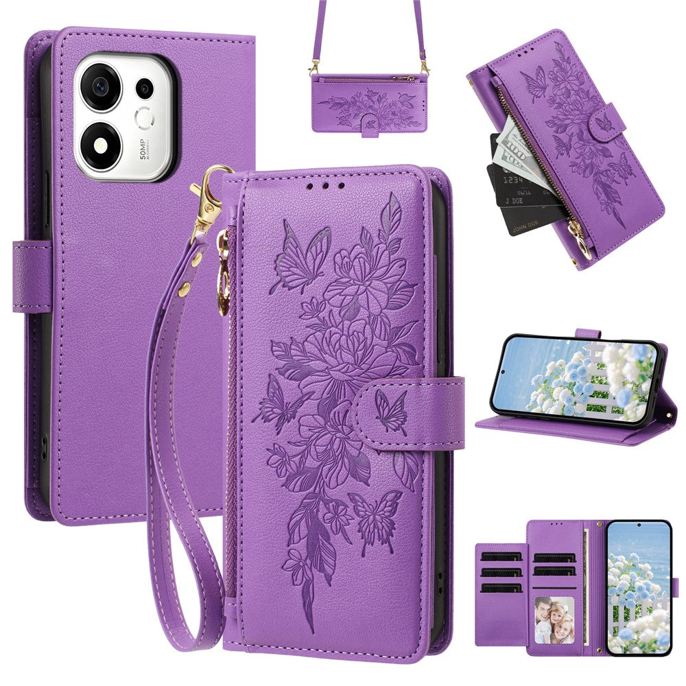 For Honor 600 Smart 5G / X7e Plus 5G Case PU Leather Butterfly Floral Zippered Wallet Phone Cover with Wrist Strap / Shoulder Strap