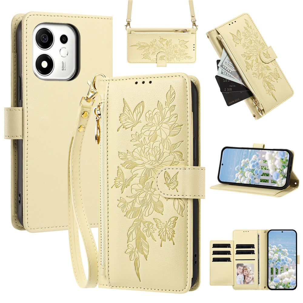 For Honor 600 Smart 5G / X7e Plus 5G Case PU Leather Butterfly Floral Zippered Wallet Phone Cover with Wrist Strap / Shoulder Strap