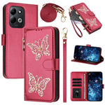 Xiaomi Redmi 17 4G / Redmi 17 5G-cover med glitter, sommerfugle, lynlås og stativ, lædermobilcover med håndrem / skulderrem