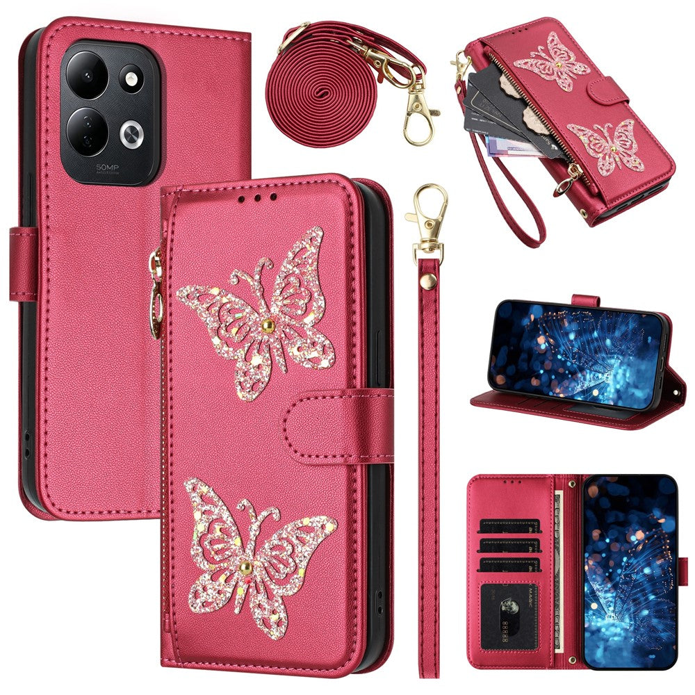 Xiaomi Redmi 17 4G / Redmi 17 5G-cover med glitter, sommerfugle, lynlås og stativ, lædermobilcover med håndrem / skulderrem
