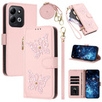 Xiaomi Redmi 17 4G / Redmi 17 5G-cover med glitter, sommerfugle, lynlås og stativ, lædermobilcover med håndrem / skulderrem