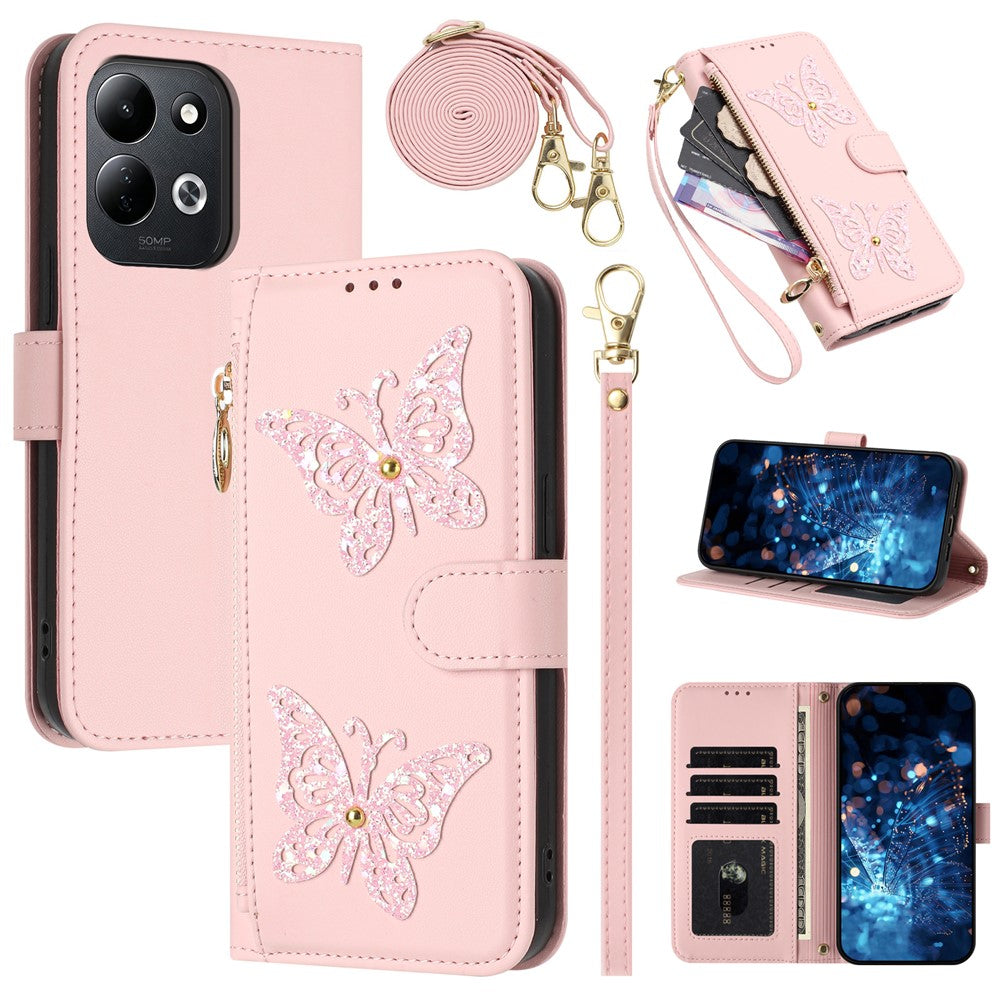 Xiaomi Redmi 17 4G / Redmi 17 5G-cover med glitter, sommerfugle, lynlås og stativ, lædermobilcover med håndrem / skulderrem