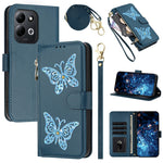 Xiaomi Redmi 17 4G / Redmi 17 5G-cover med glitter, sommerfugle, lynlås og stativ, lædermobilcover med håndrem / skulderrem