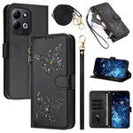 Xiaomi Redmi 17 4G / Redmi 17 5G-cover med glitter, sommerfugle, lynlås og stativ, lædermobilcover med håndrem / skulderrem