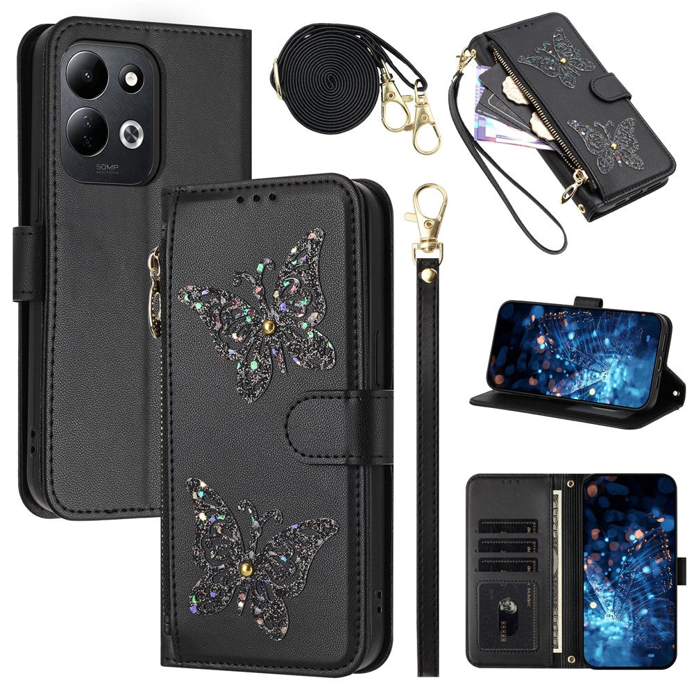 Xiaomi Redmi 17 4G / Redmi 17 5G-cover med glitter, sommerfugle, lynlås og stativ, lædermobilcover med håndrem / skulderrem