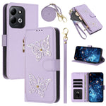 Xiaomi Redmi 17 4G / Redmi 17 5G-cover med glitter, sommerfugle, lynlås og stativ, lædermobilcover med håndrem / skulderrem
