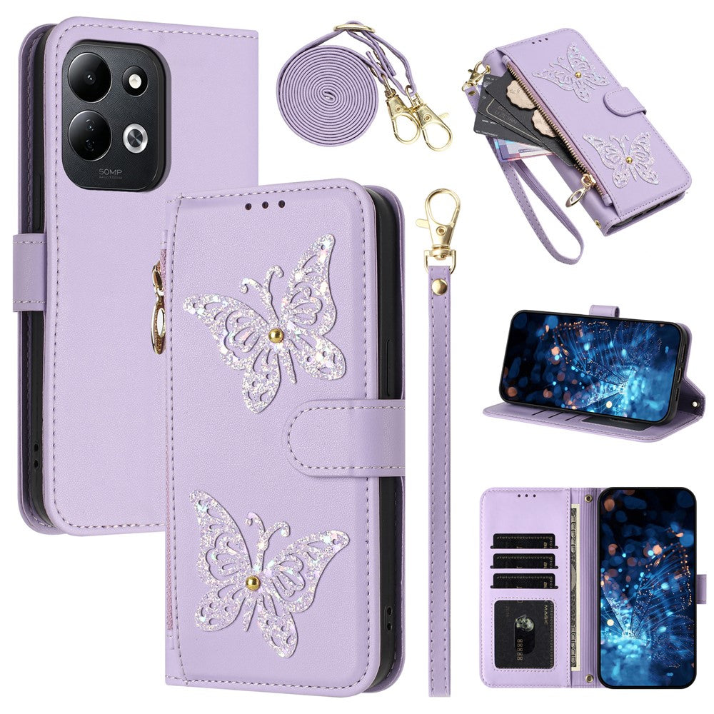 Xiaomi Redmi 17 4G / Redmi 17 5G-cover med glitter, sommerfugle, lynlås og stativ, lædermobilcover med håndrem / skulderrem