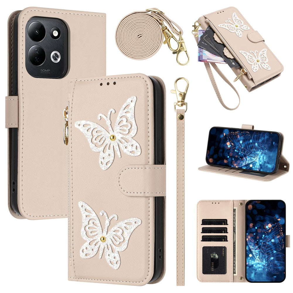 Xiaomi Redmi 17 4G / Redmi 17 5G-cover med glitter, sommerfugle, lynlås og stativ, lædermobilcover med håndrem / skulderrem
