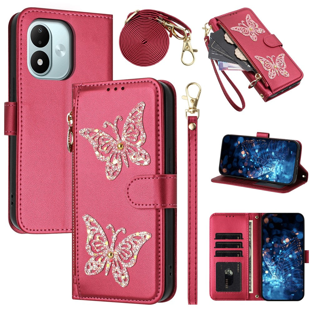For Xiaomi Redmi Note 17 4G (Global) / Note 17 5G (Global) / Note 17 (India / China) 5G Case Glitter Butterfly Zipper Pocket Stand Leather Phone Cover with Hand Strap / Shoulder Strap