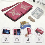 For Xiaomi Redmi Note 17 4G (Global) / Note 17 5G (Global) / Note 17 (India / China) 5G Case Glitter Butterfly Zipper Pocket Stand Leather Phone Cover with Hand Strap / Shoulder Strap