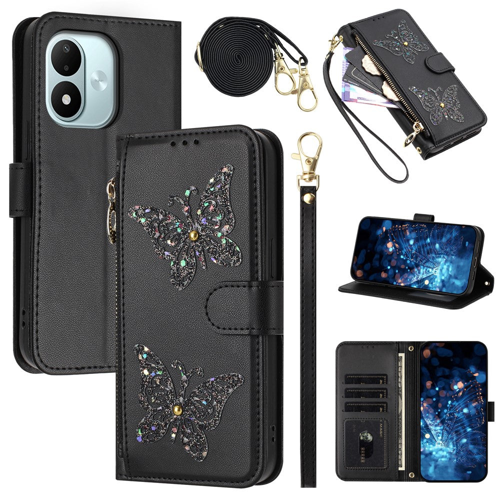 For Xiaomi Redmi Note 17 4G (Global) / Note 17 5G (Global) / Note 17 (India / China) 5G Case Glitter Butterfly Zipper Pocket Stand Leather Phone Cover with Hand Strap / Shoulder Strap