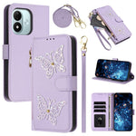 For Xiaomi Redmi Note 17 4G (Global) / Note 17 5G (Global) / Note 17 (India / China) 5G Case Glitter Butterfly Zipper Pocket Stand Leather Phone Cover with Hand Strap / Shoulder Strap