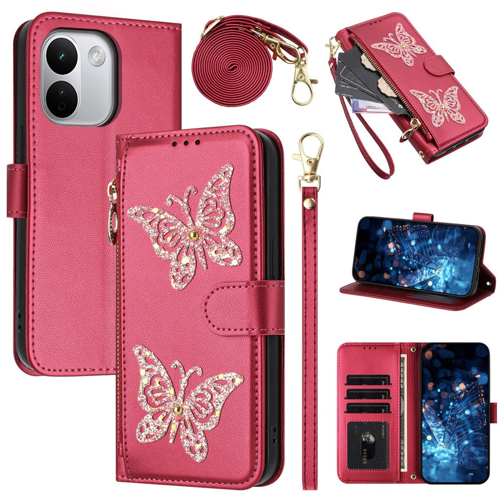 For Xiaomi Redmi Note 17 Pro+ 5G Case Glitter Butterfly Zipper Pocket Stand Leather Phone Cover with Hand Strap / Shoulder Strap