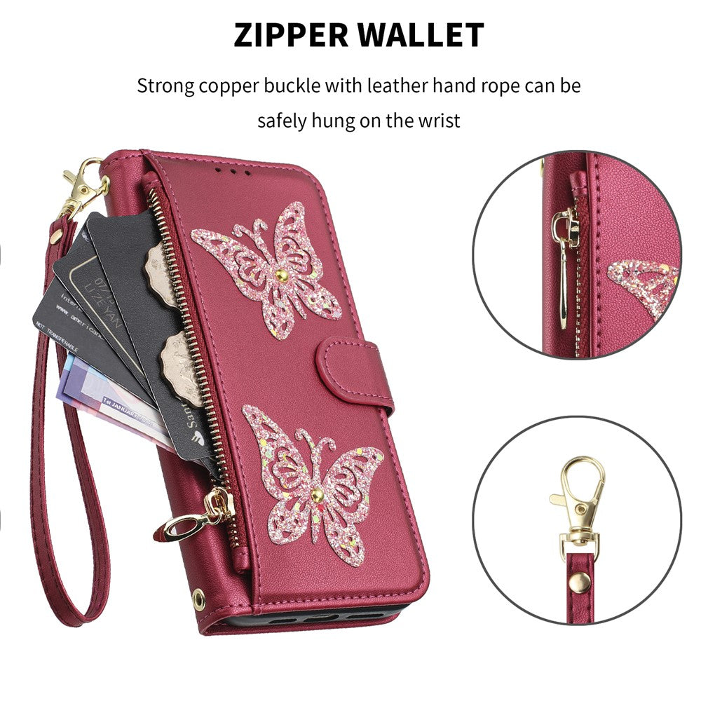 For Xiaomi Redmi Note 17 Pro+ 5G Case Glitter Butterfly Zipper Pocket Stand Leather Phone Cover with Hand Strap / Shoulder Strap
