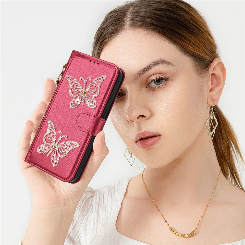 For Xiaomi Redmi Note 17 Pro+ 5G Case Glitter Butterfly Zipper Pocket Stand Leather Phone Cover with Hand Strap / Shoulder Strap