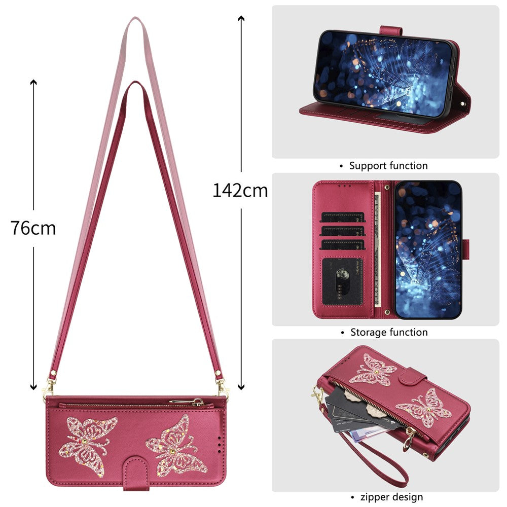 For Xiaomi Redmi Note 17 Pro+ 5G Case Glitter Butterfly Zipper Pocket Stand Leather Phone Cover with Hand Strap / Shoulder Strap