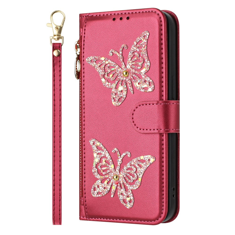 For Xiaomi Redmi Note 17 Pro+ 5G Case Glitter Butterfly Zipper Pocket Stand Leather Phone Cover with Hand Strap / Shoulder Strap