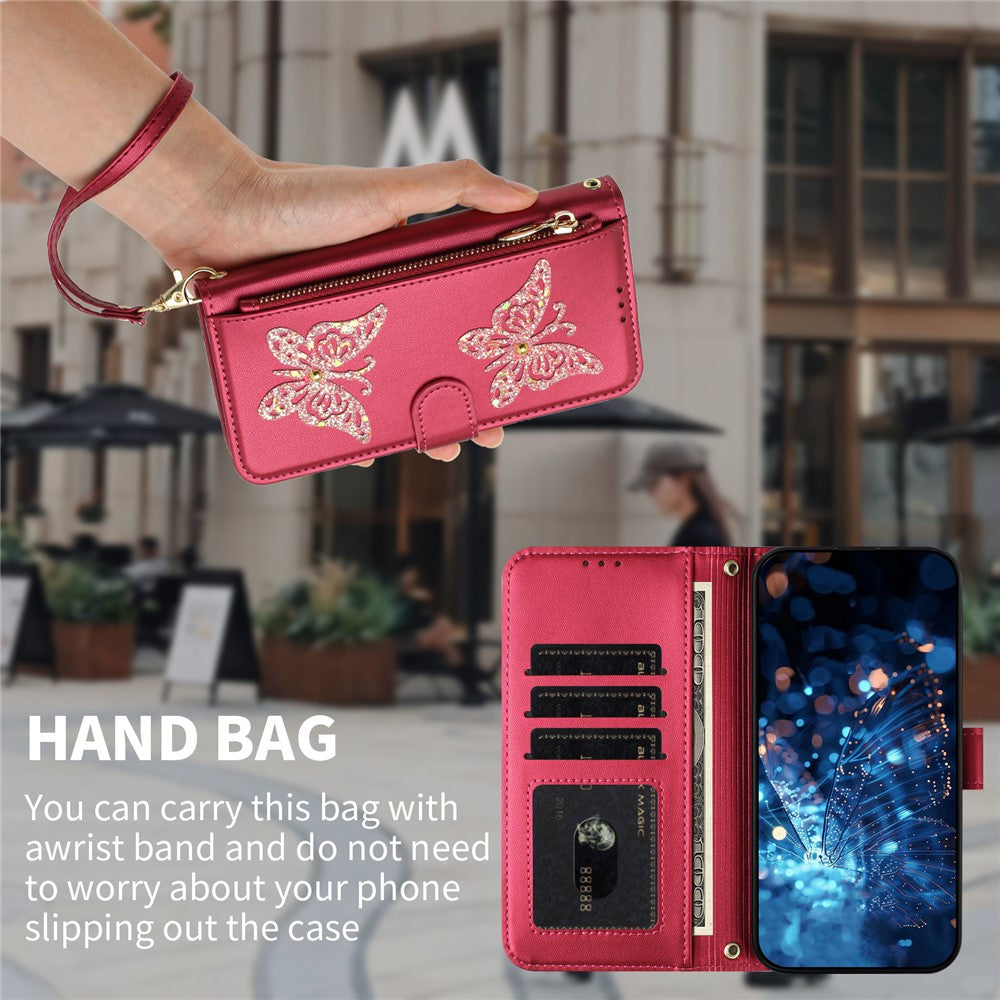 For Xiaomi Redmi Note 17 Pro+ 5G Case Glitter Butterfly Zipper Pocket Stand Leather Phone Cover with Hand Strap / Shoulder Strap