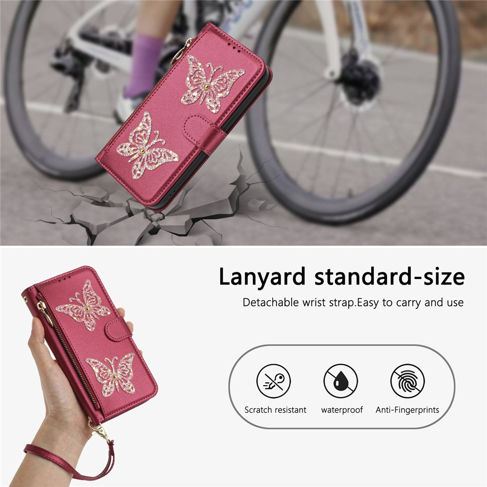 For Xiaomi Redmi Note 17 Pro+ 5G Case Glitter Butterfly Zipper Pocket Stand Leather Phone Cover with Hand Strap / Shoulder Strap