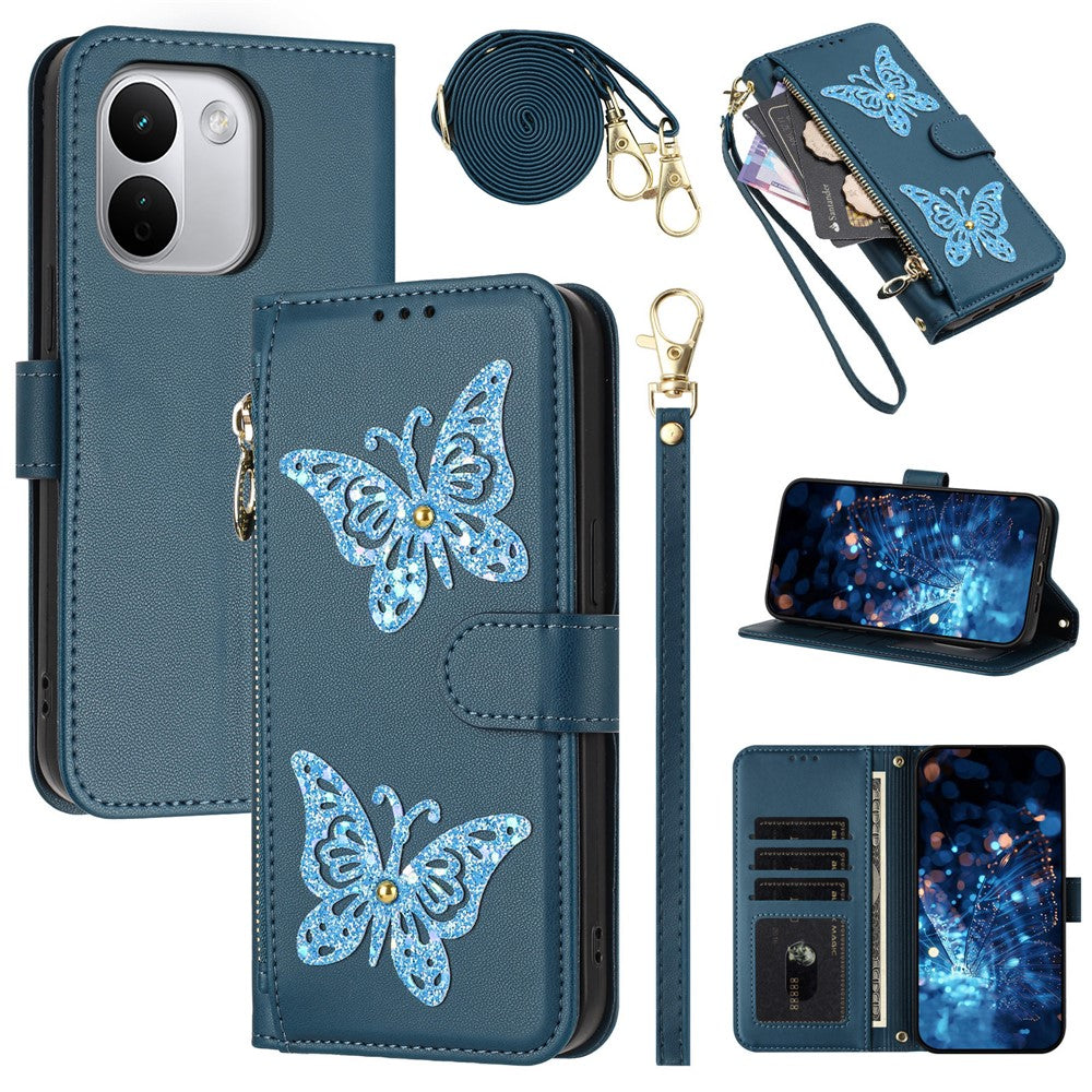 For Xiaomi Redmi Note 17 Pro+ 5G Case Glitter Butterfly Zipper Pocket Stand Leather Phone Cover with Hand Strap / Shoulder Strap