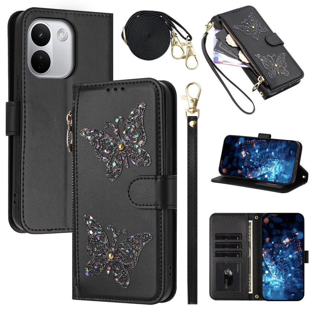 For Xiaomi Redmi Note 17 Pro+ 5G Case Glitter Butterfly Zipper Pocket Stand Leather Phone Cover with Hand Strap / Shoulder Strap
