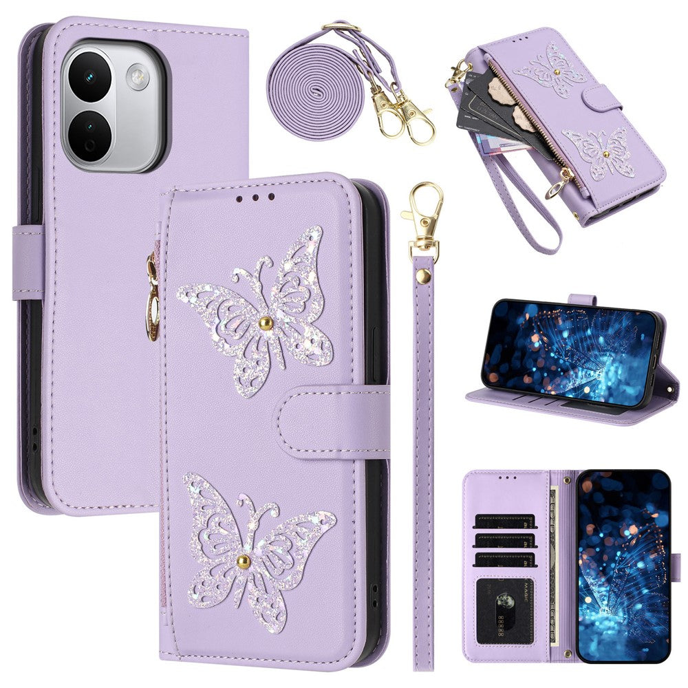 For Xiaomi Redmi Note 17 Pro+ 5G Case Glitter Butterfly Zipper Pocket Stand Leather Phone Cover with Hand Strap / Shoulder Strap