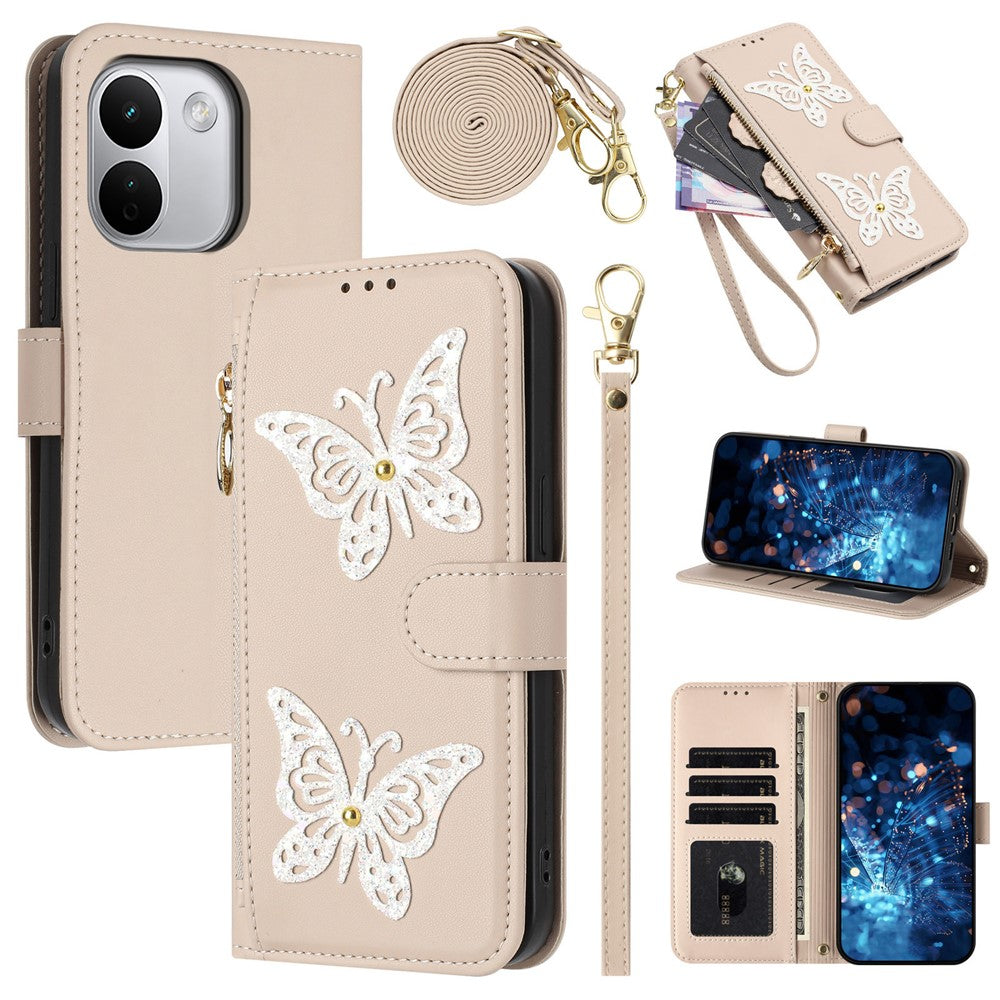 For Xiaomi Redmi Note 17 Pro+ 5G Case Glitter Butterfly Zipper Pocket Stand Leather Phone Cover with Hand Strap / Shoulder Strap