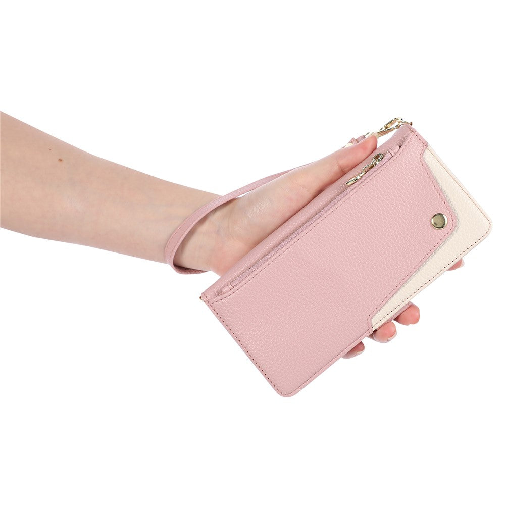 For iPhone 17 Case with Wrist Strap and Shoulder Strap Dual Color Zipper Pocket Wallet Leather Phone Cover