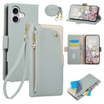 For iPhone 17 Case with Wrist Strap and Shoulder Strap Dual Color Zipper Pocket Wallet Leather Phone Cover