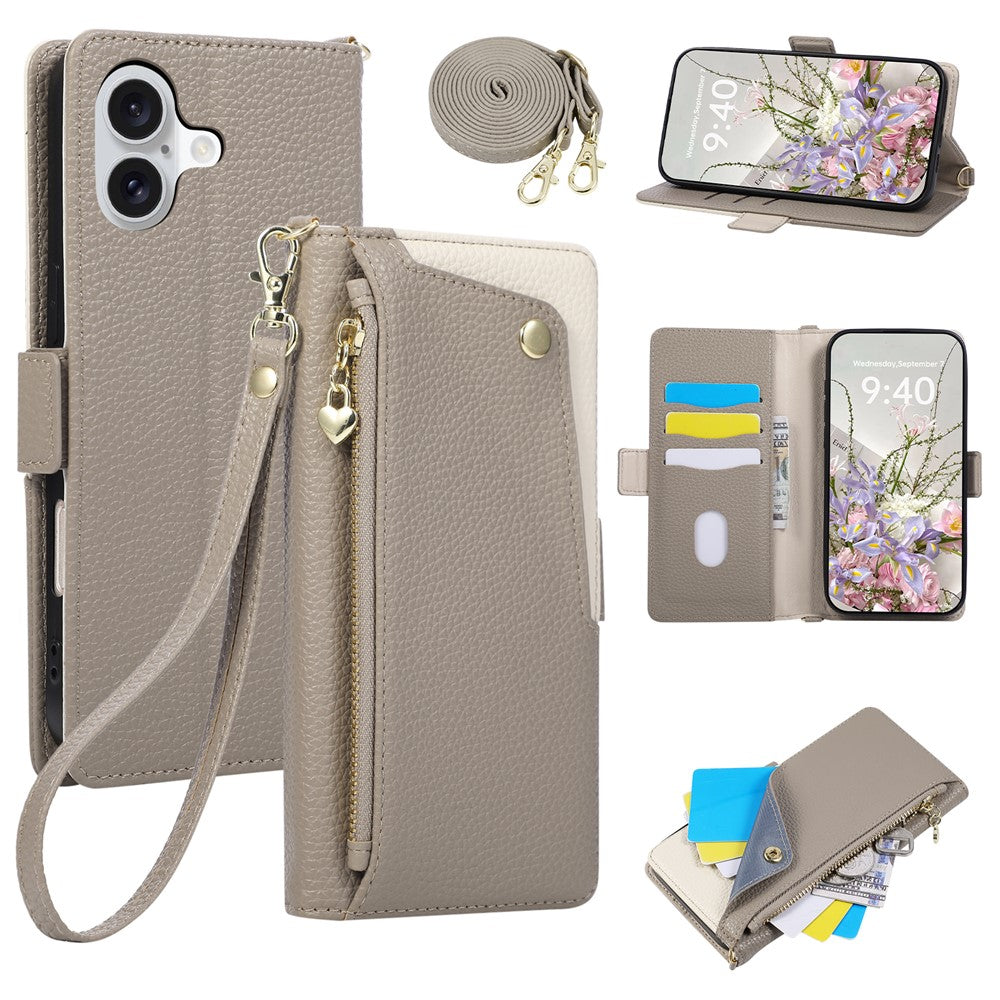 For iPhone 17 Case with Wrist Strap and Shoulder Strap Dual Color Zipper Pocket Wallet Leather Phone Cover