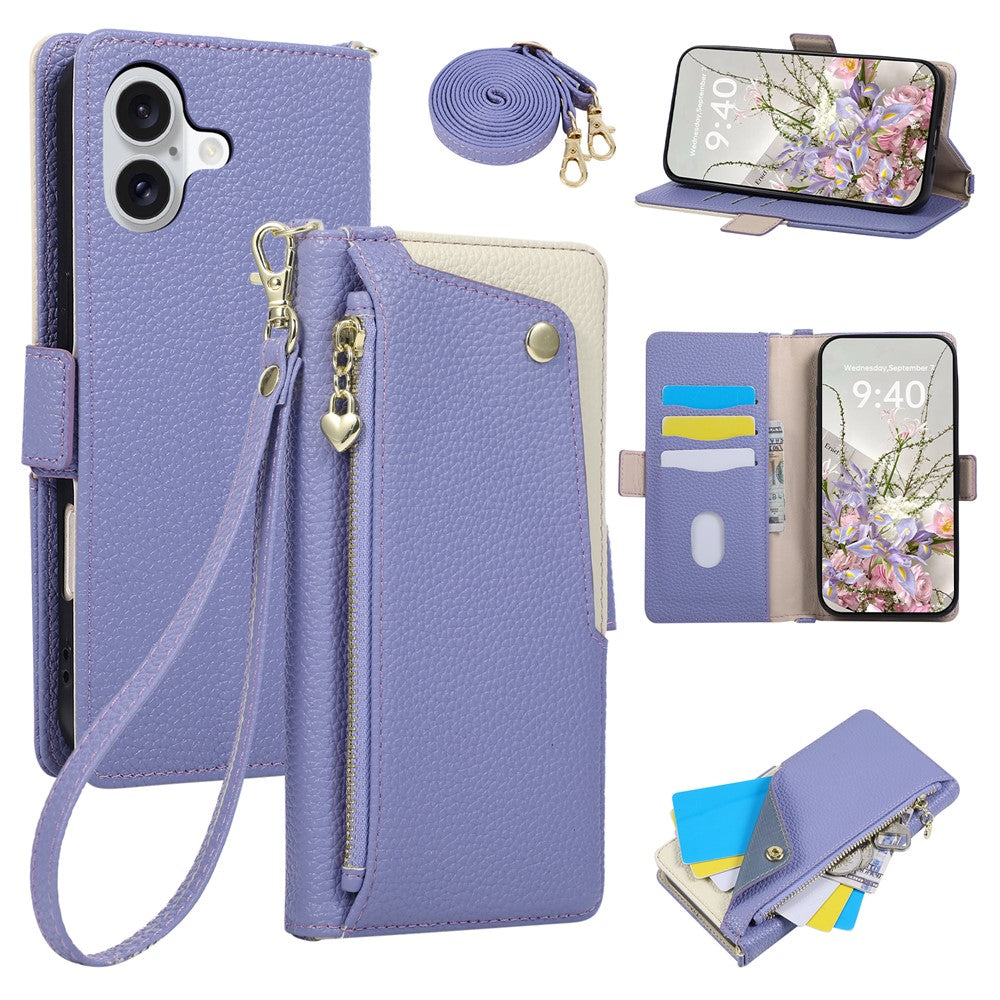 For iPhone 17 Case with Wrist Strap and Shoulder Strap Dual Color Zipper Pocket Wallet Leather Phone Cover
