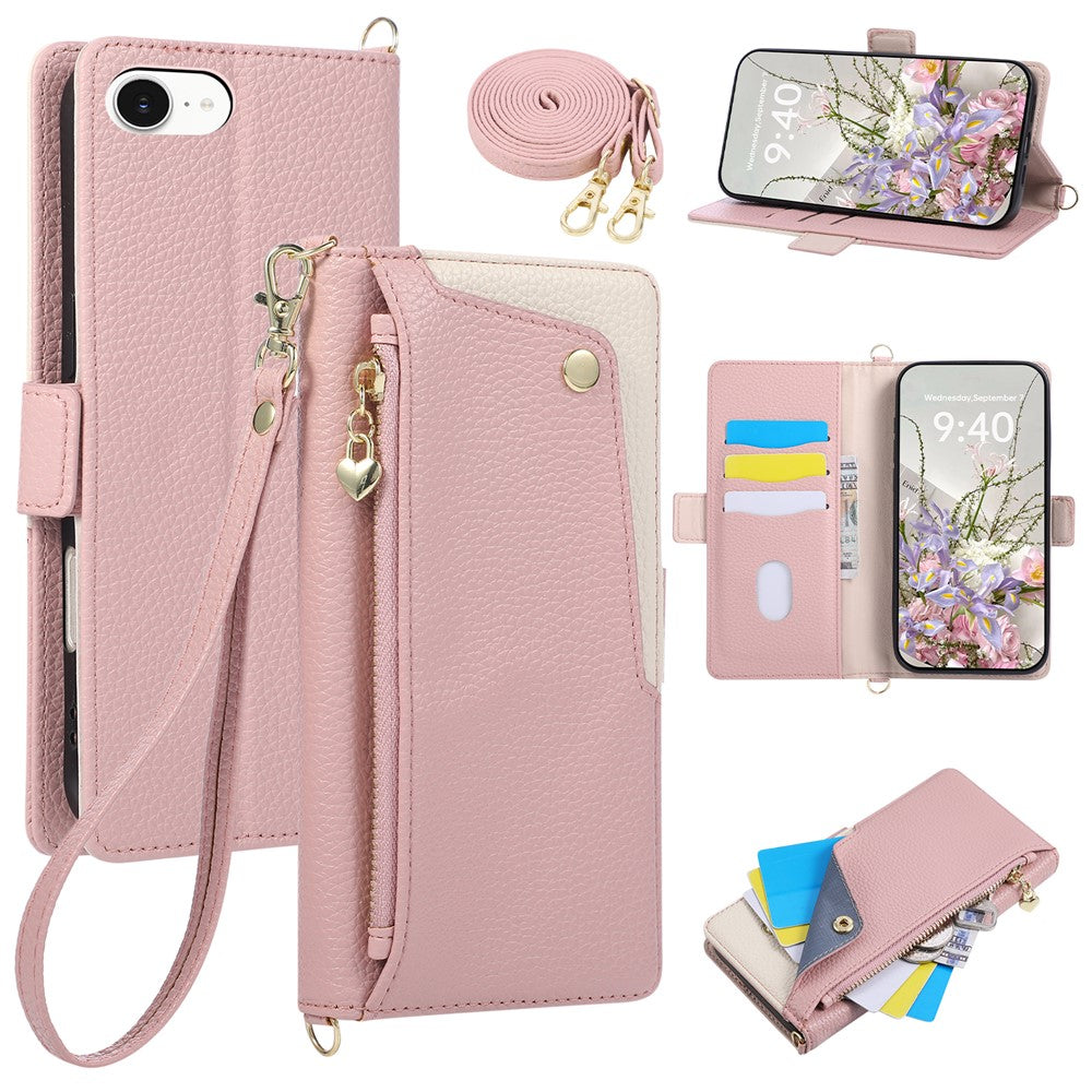 For iPhone 17e  /  16e Case with Wrist Strap and Shoulder Strap Dual Color Zipper Pocket Wallet Leather Phone Cover