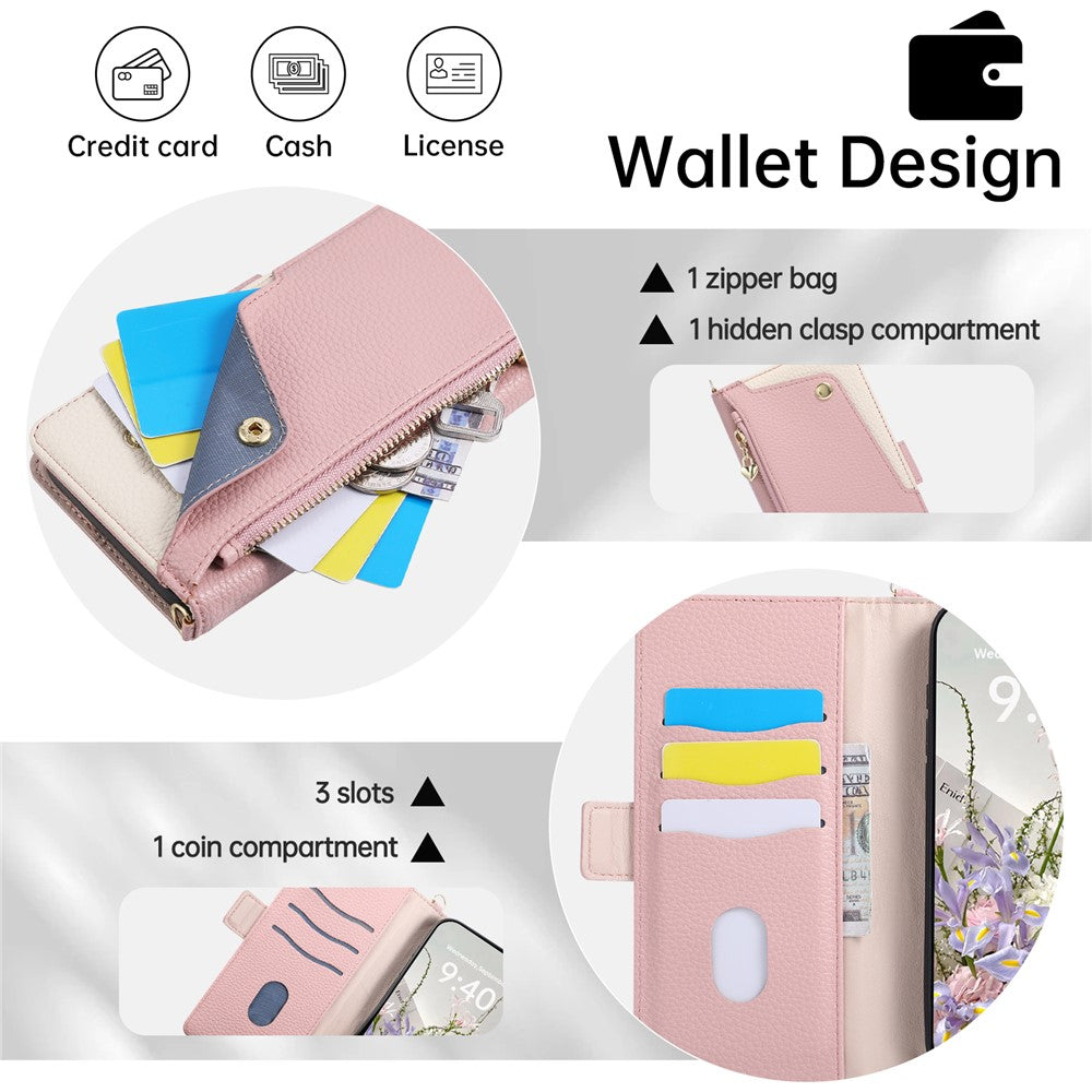 For iPhone 17e  /  16e Case with Wrist Strap and Shoulder Strap Dual Color Zipper Pocket Wallet Leather Phone Cover