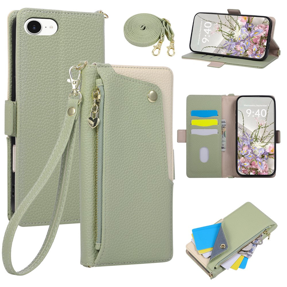 For iPhone 17e  /  16e Case with Wrist Strap and Shoulder Strap Dual Color Zipper Pocket Wallet Leather Phone Cover