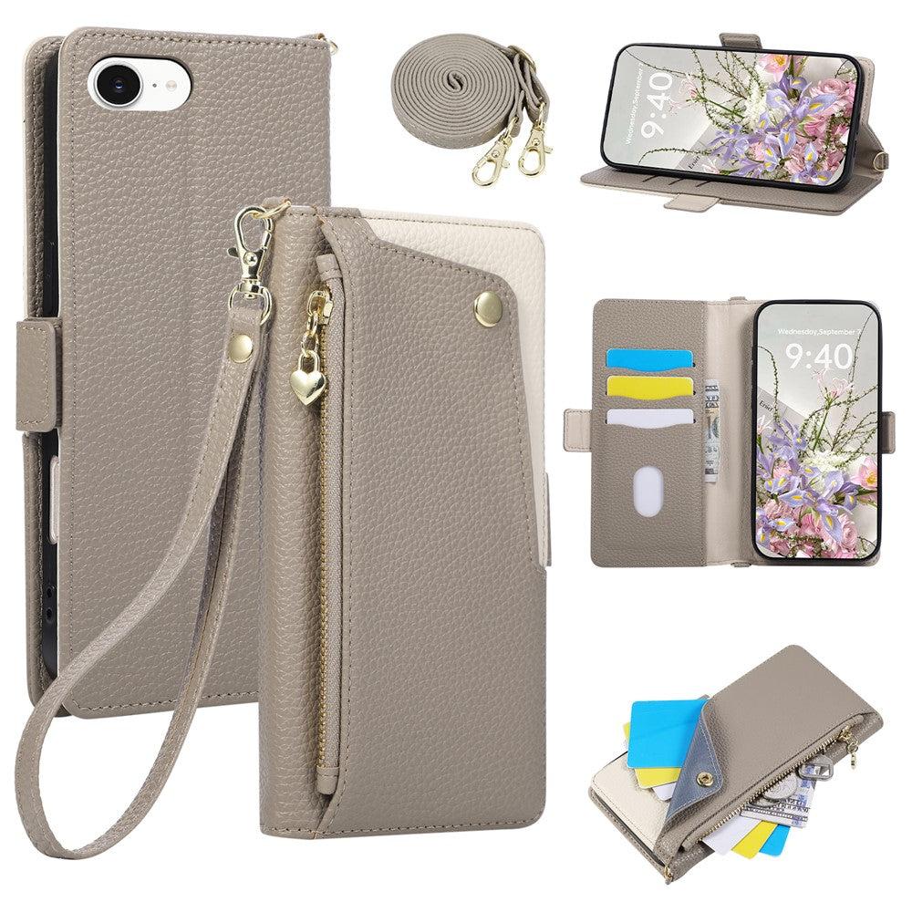For iPhone 17e  /  16e Case with Wrist Strap and Shoulder Strap Dual Color Zipper Pocket Wallet Leather Phone Cover