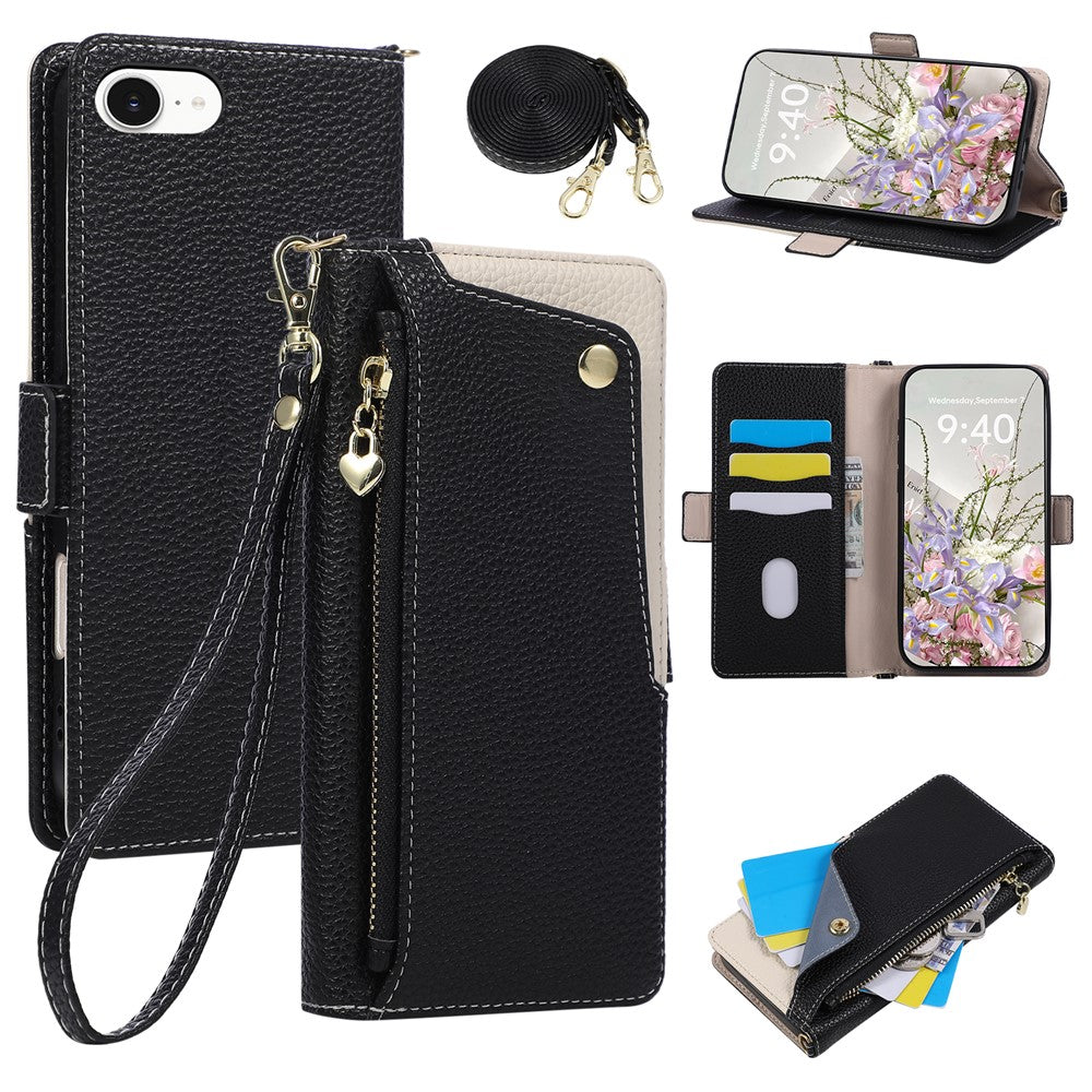 For iPhone 17e  /  16e Case with Wrist Strap and Shoulder Strap Dual Color Zipper Pocket Wallet Leather Phone Cover