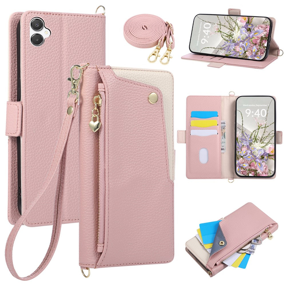 Samsung Galaxy A08 4G / A07 5G / A07 4G / A07s 4G / A06 4G / A06 5G-etui med håndledsrem og skulderrem, tofarvet lynlås, tegnebog, læderetui