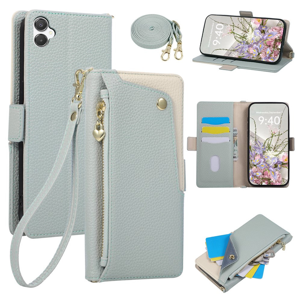 Samsung Galaxy A08 4G / A07 5G / A07 4G / A07s 4G / A06 4G / A06 5G-etui med håndledsrem og skulderrem, tofarvet lynlås, tegnebog, læderetui