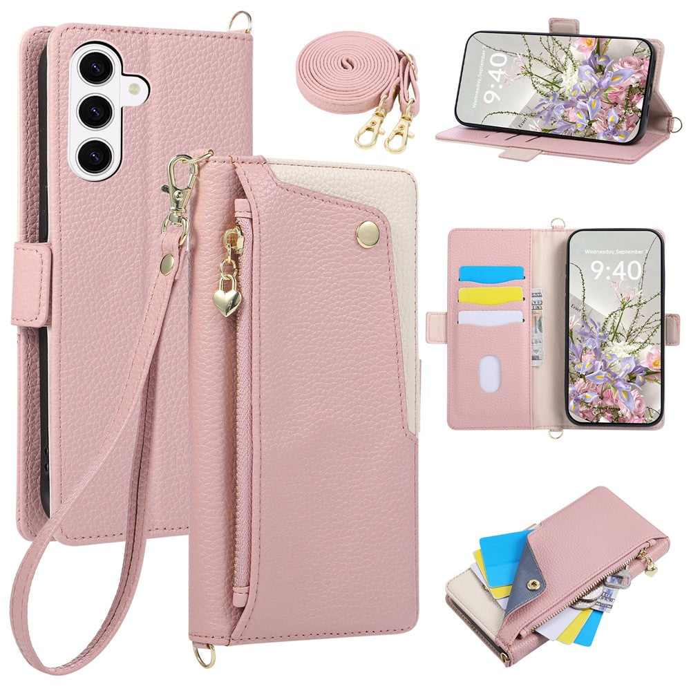 Til Samsung Galaxy S25+ / Galaxy S24+ etui med håndledsrem og skulderrem Dobbeltfarvet lynlåslomme Pung Læder Telefoncover