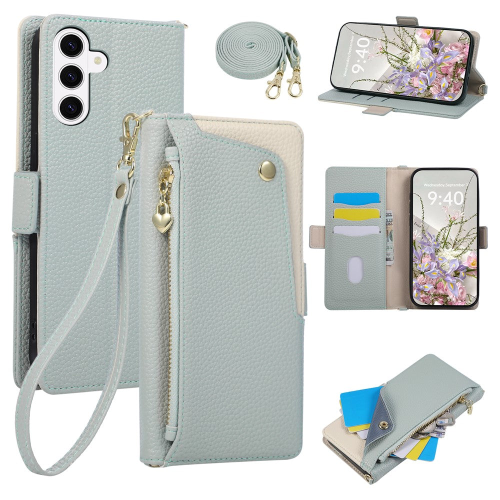 Til Samsung Galaxy S25+ / Galaxy S24+ etui med håndledsrem og skulderrem Dobbeltfarvet lynlåslomme Pung Læder Telefoncover