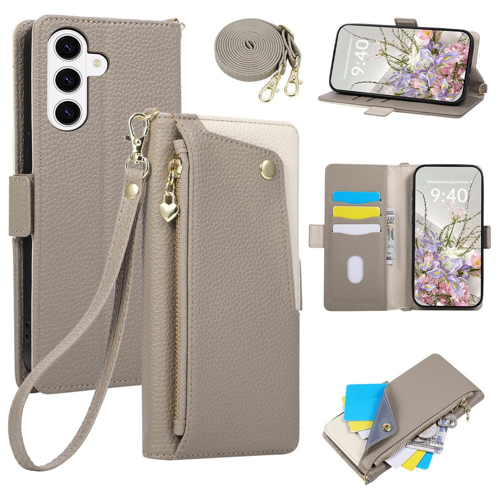 Til Samsung Galaxy S25+ / Galaxy S24+ etui med håndledsrem og skulderrem Dobbeltfarvet lynlåslomme Pung Læder Telefoncover