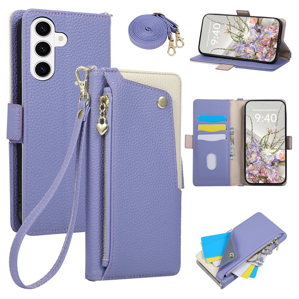 Til Samsung Galaxy S25+ / Galaxy S24+ etui med håndledsrem og skulderrem Dobbeltfarvet lynlåslomme Pung Læder Telefoncover