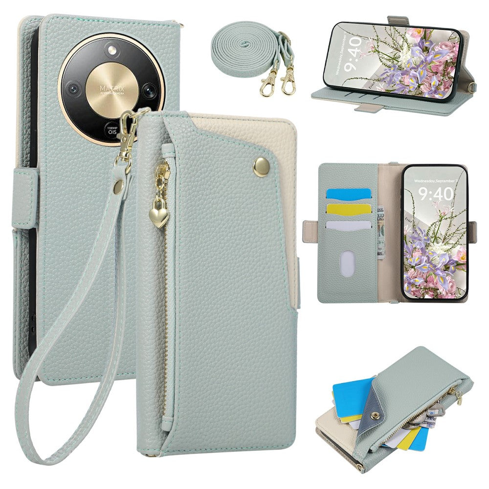 For Honor X70 5G  /  X9d 5G  /  Magic8 Lite 5G Case with Wrist Strap and Shoulder Strap Dual Color Zipper Pocket Wallet Leather Phone Cover