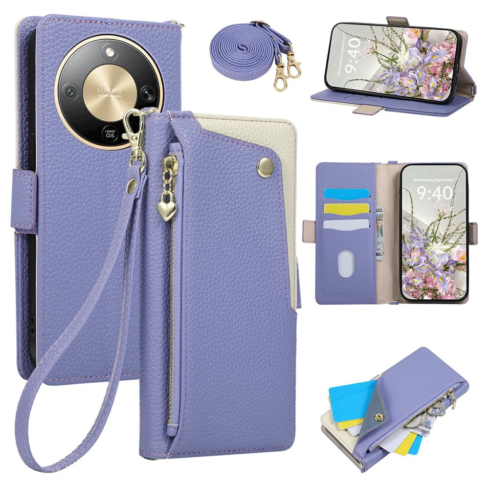For Honor X70 5G  /  X9d 5G  /  Magic8 Lite 5G Case with Wrist Strap and Shoulder Strap Dual Color Zipper Pocket Wallet Leather Phone Cover